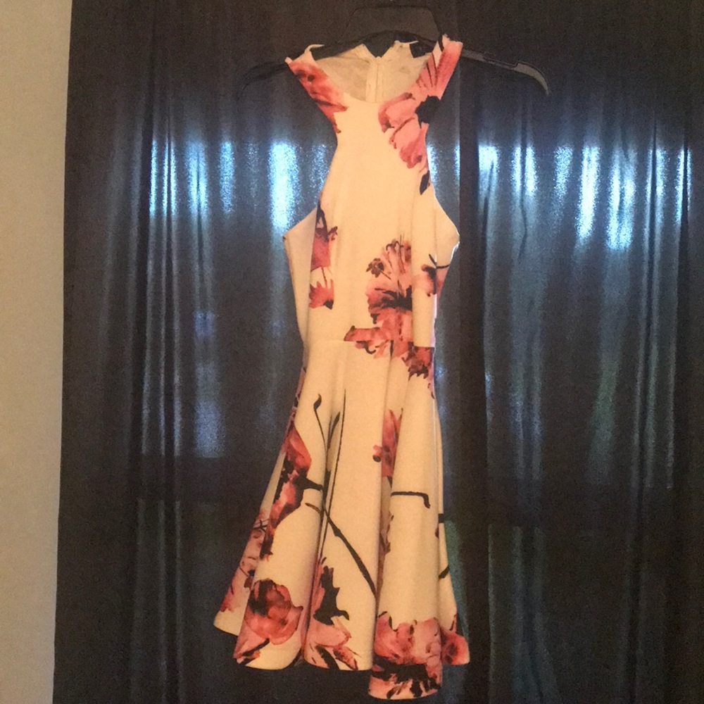 White dress with pink and black flowers